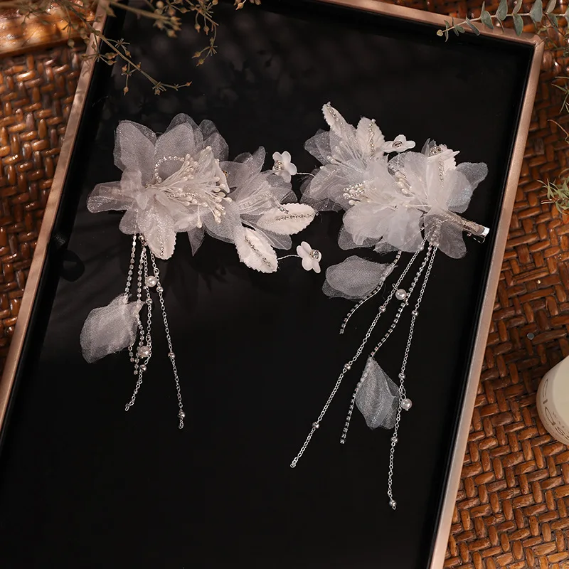 Bride Headwear Wedding White Silk Head Flower Tassel Hair Clip Designer Styled Hair Accessories