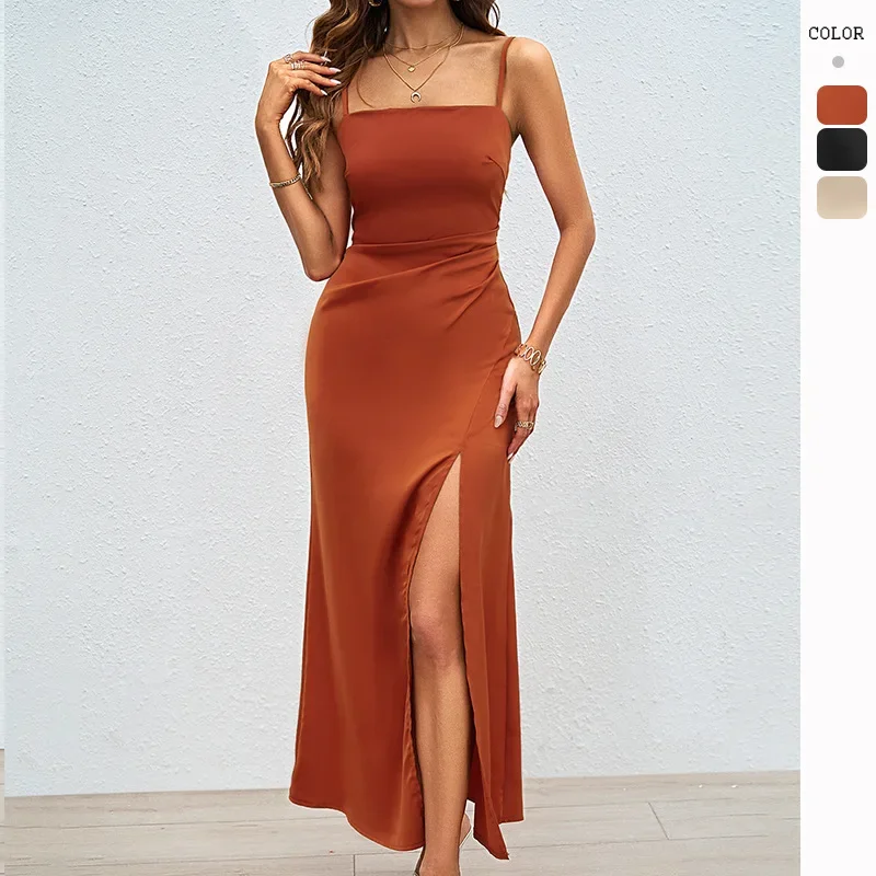 

European and American Women's Summer New Sexy Square Neck Backless Sundress Slit Dress for Women