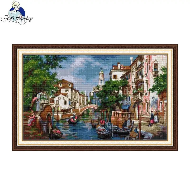 Joy Sunday Streets View Pattern Printed Counted Cross Stitch Kits Aida 16/14CT DIY Folk Crafts Home Decor Hand Embroidery Sets