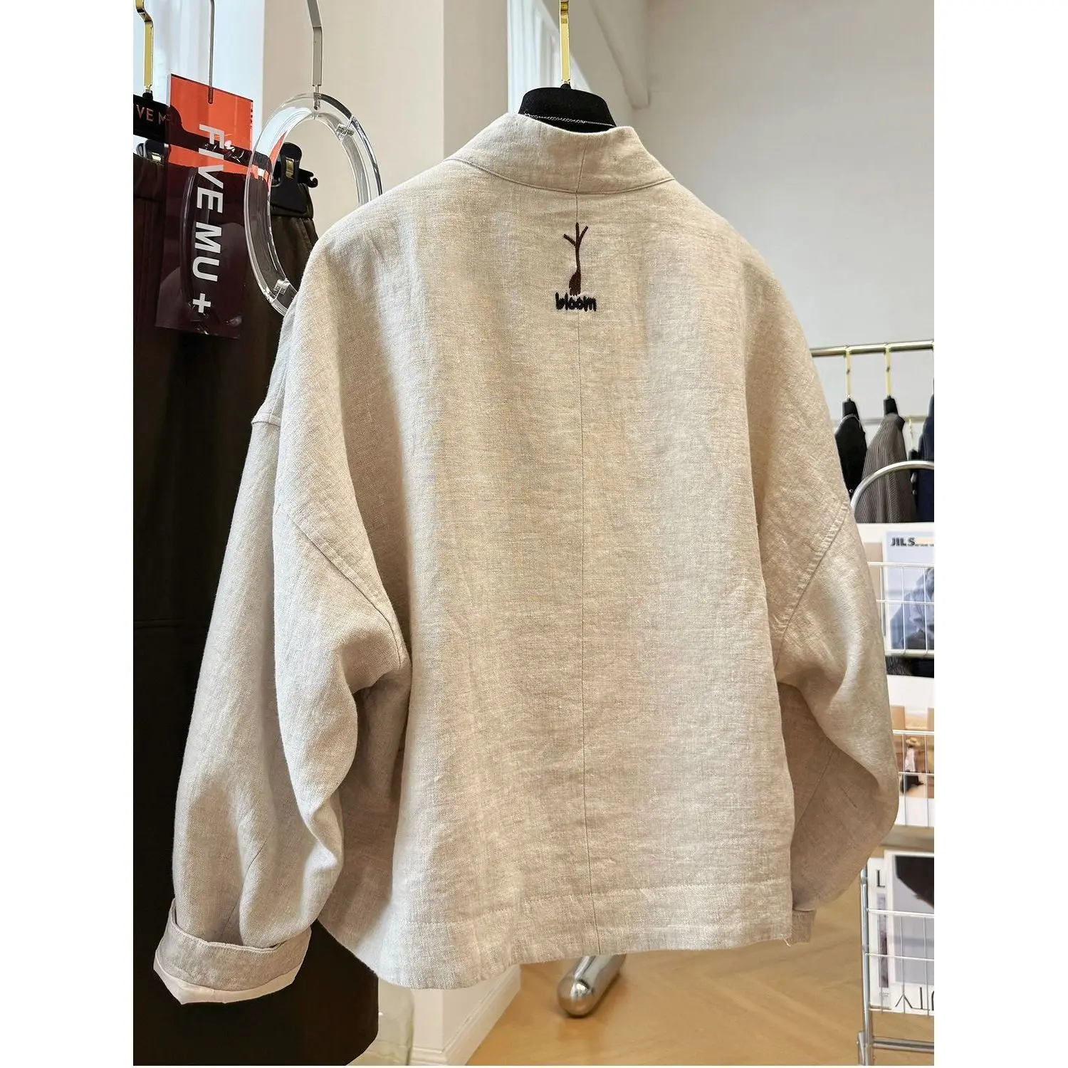 Elegant Embroidered Cotton Linen Short Jacket V-Neck Women's Autumn Coat Casual Loose Fit Printed Long Sleeve Button Closure
