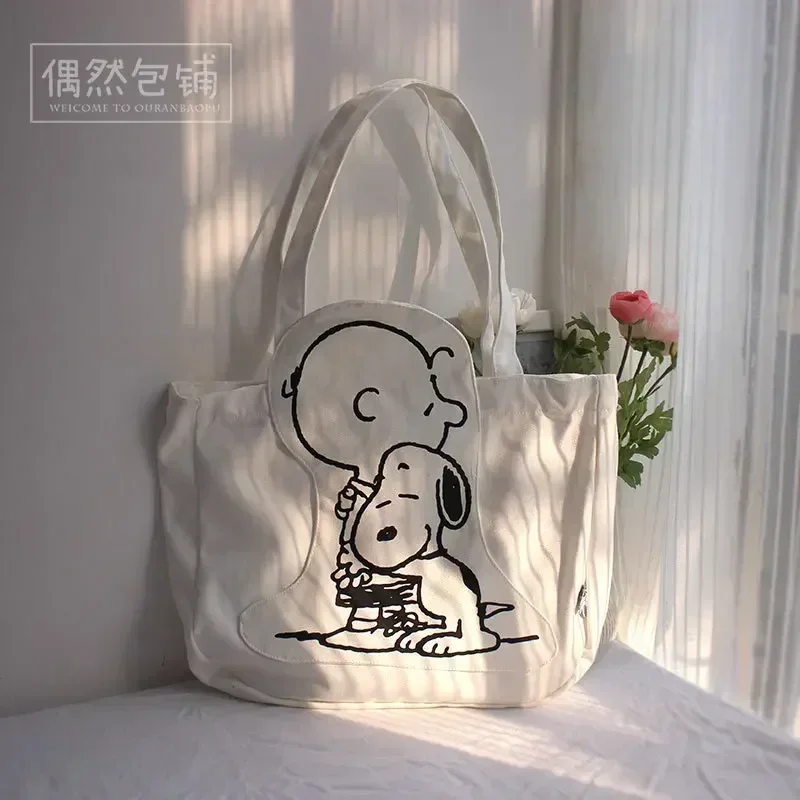 Zíper grande capacidade menina saco de compras snoopy lona saco de armazenamento moda bolsa de ombro dos desenhos animados bonito 29x35x8cm