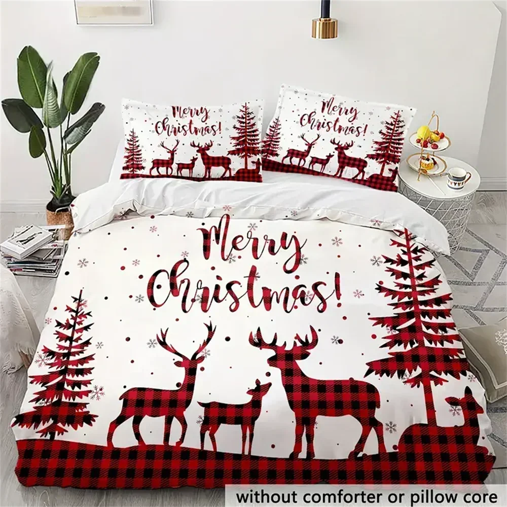 

3-Piece Merry Christmas Plaid Reindeer Duvet Cover Set - Soft, Comfortable, And Cozy Bedding For Bedroom And Guest Room