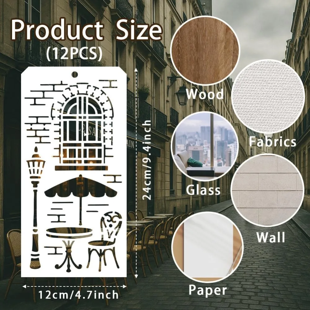 12 Sheets Retro French Texture Stencils for Painting 12 Styles French Street View Designs Drawing Templates Vintage Pattern