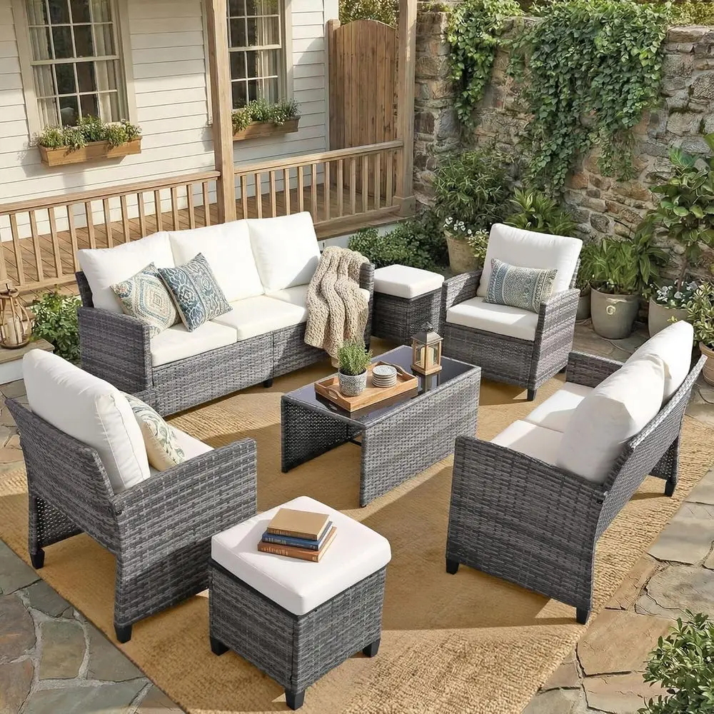 

7-Piece Outdoor Wicker Sectional Patio Furniture Set with 3-Seater Sofa, Loveseat, Single Sofa, Glass Coffee Table, and Ottoman