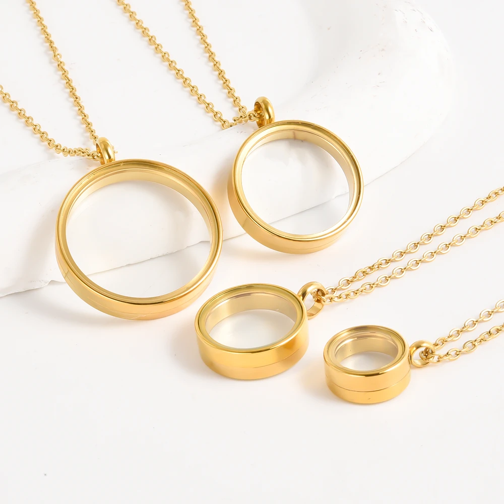 

Stainless Steel Real Gold Plated Round Coin Bezel Locket Necklace Couple Commemorate Lockets Necklaces Memory Ashes Jewelry