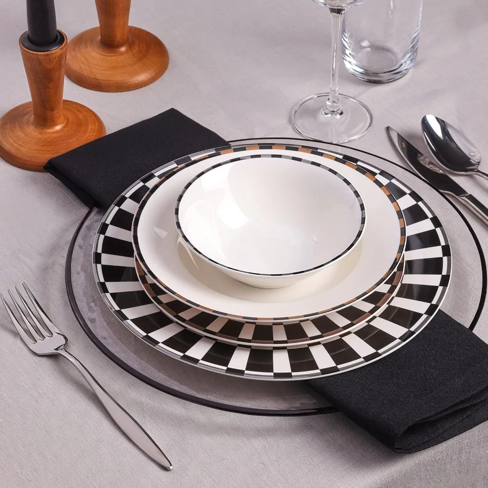 Karaca Aries Black 24 Piece Dinner Set For 6 People, Stylish, Elegant, Black White Borders, Gold And Silver Accents, Dinner