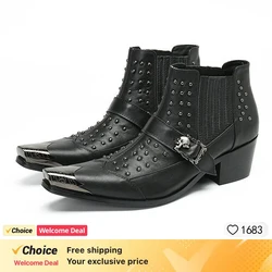 High heel motorcycle shoes Brogue Boots Iron Pointed Toe Mid-Calf Design Fashionable Side Zipper Leather Boots Party Shoes