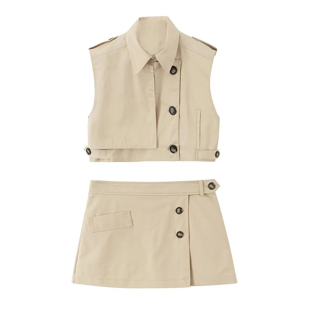 

TRAF Women 2025 Spring New Fashion Lazy Style Short Trip Sleeveless Top All-match Button Casual Skirt suit Mujer