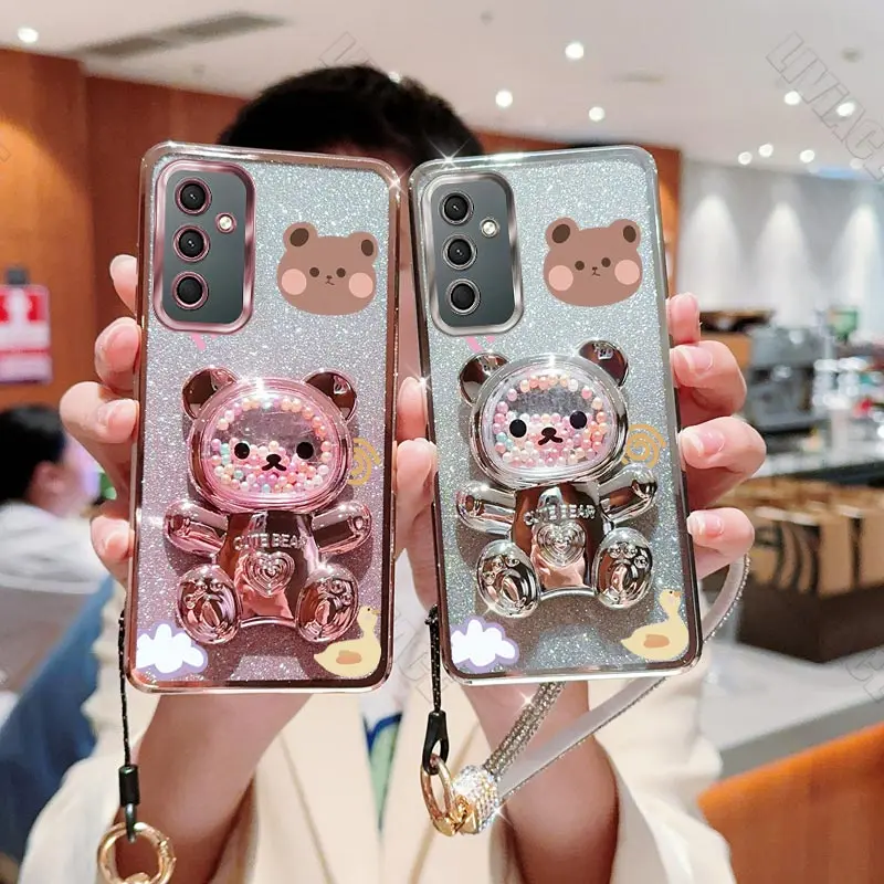 A 54 Diamond Strap Bear Patten Phone Holder Case On For Samsung Galaxy A54 A55 A13 A14 A15 A23 A24 A25 A34 A35 4G 5G Stand Cover