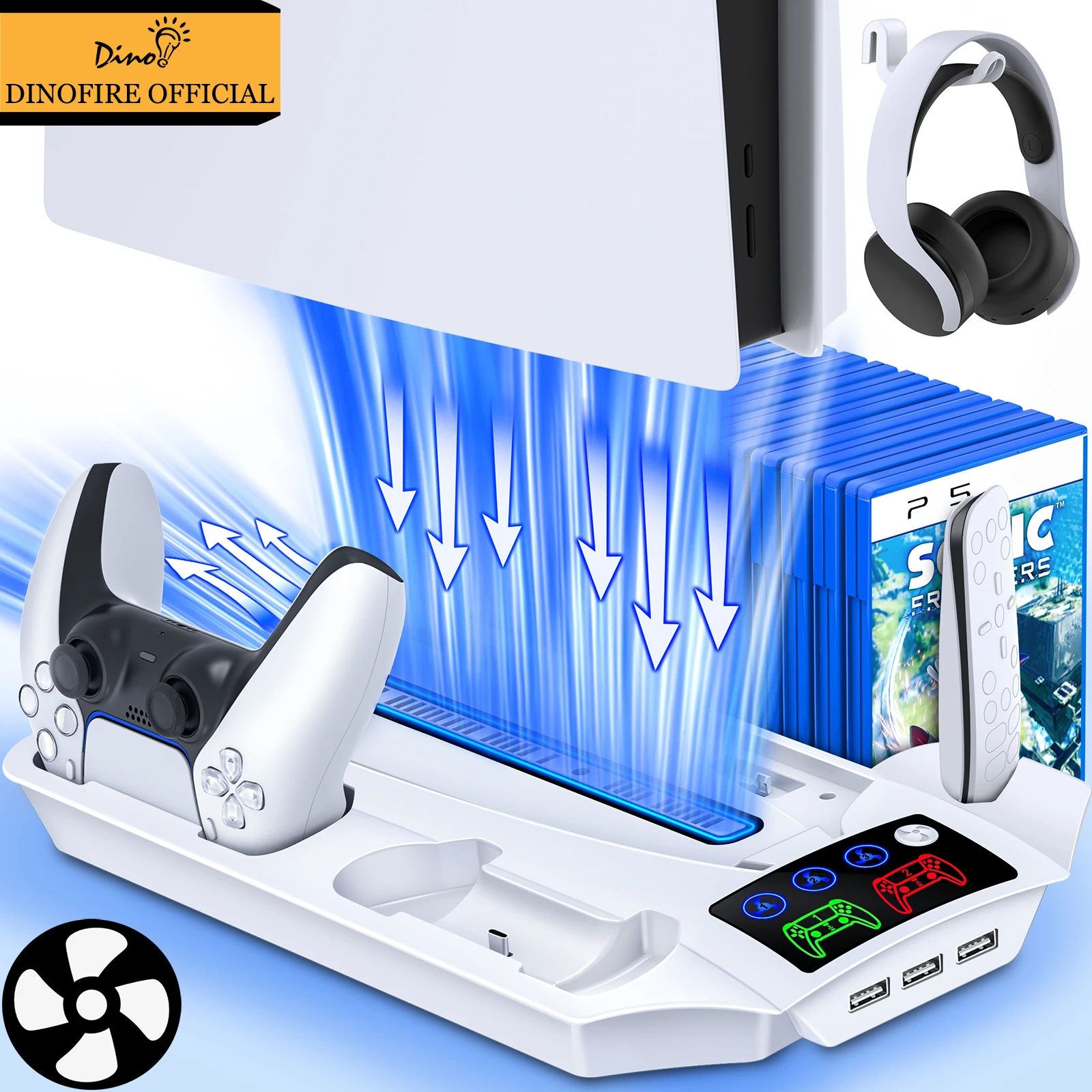 Dinofire PS5 Lüfter Für PS5 Disc & PS5 Digitale Dual Controller Charing CD Ständer mit Headset Halter Multi-funciton PS Stehen