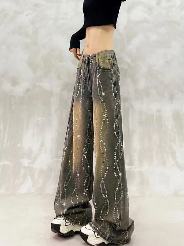 

Spring 2026 Women's Straight Leg Jeans Wave Pattern Rhinestone Design Versatile Slimming Long Pants High Waist Denim Commute ...