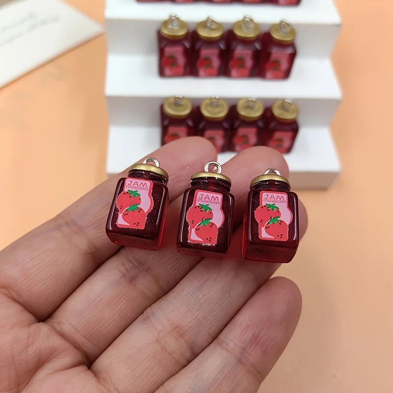 10 Lindos Colgantes de Mermelada de Fresa para Bebidas | Colgante flotante de resina con forma de botella, base plana, utilizado para la fabricación de pendientes y accesorios de joyería.