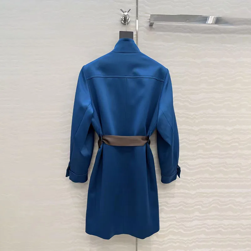 Women's Vintage Jacket Coat, Stand Collar Long Sleeve Mid-Length Trench Coat, Belted Contrast Top, 2026, Spring, New Arrival, Y2