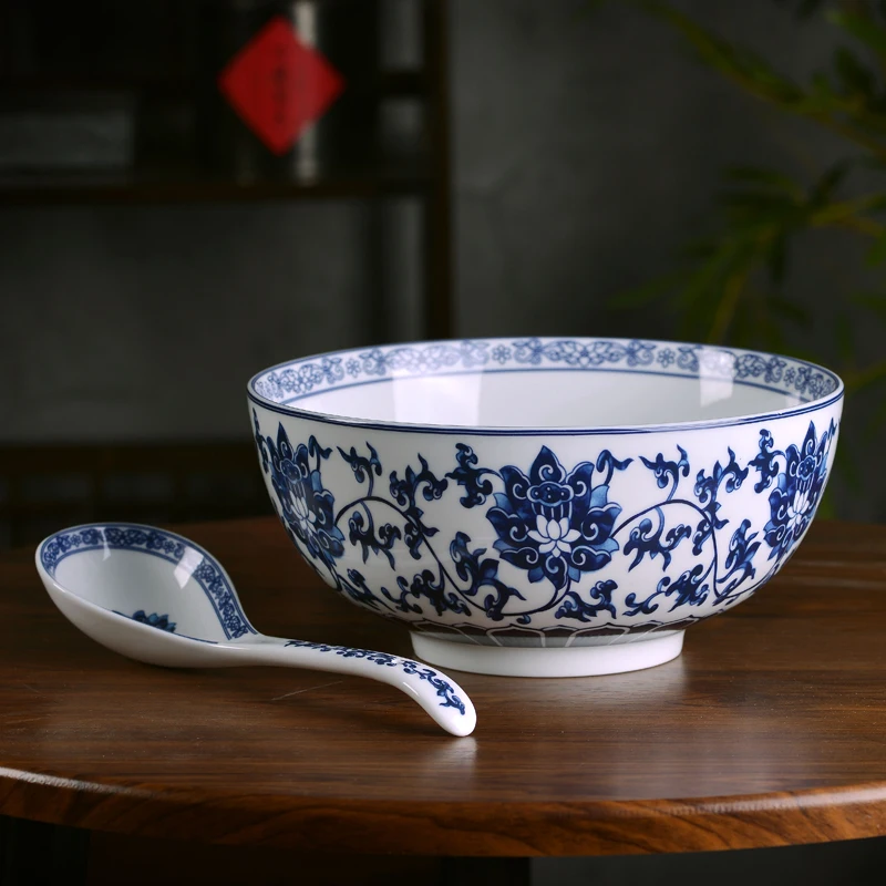 High Temperature White Porcelain Big Soup Bowl Blue and White Porcelain Bowl Chinese Household Ceramic Tableware Big Soup