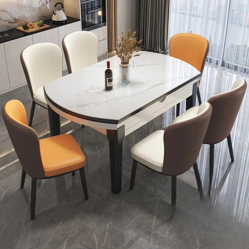 A Rock slab dining table and chair combination home dining modern simple light luxury folding telescopic variable round table