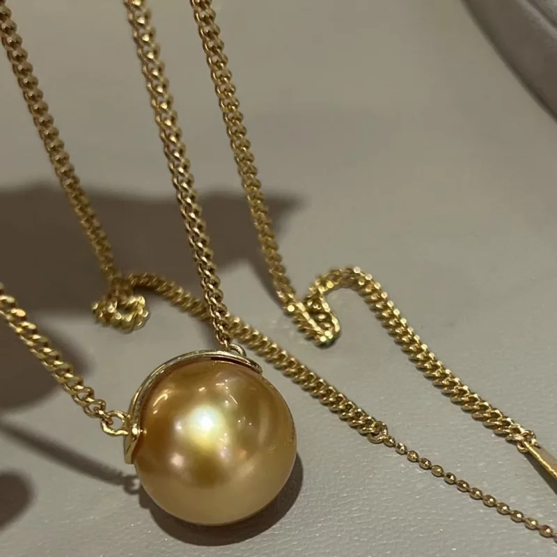 

SGARlT Vintage 925 Sterling Silver Cuban Chain Thick Round South Sea Golden Pearl Necklace Luxury Mens Womens Unisex Jewelry