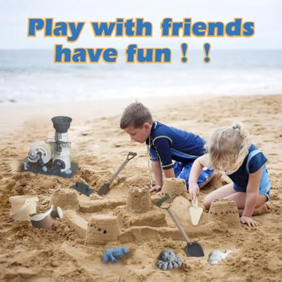Zestaw zabawek plażowych 12 elementów, zabawki do piasku, kreskówkowy wiatrak, klepsydra, zawiera dwa łopatki, wiaderko na wodę, konewka, narzędzia w kształcie zwierząt.