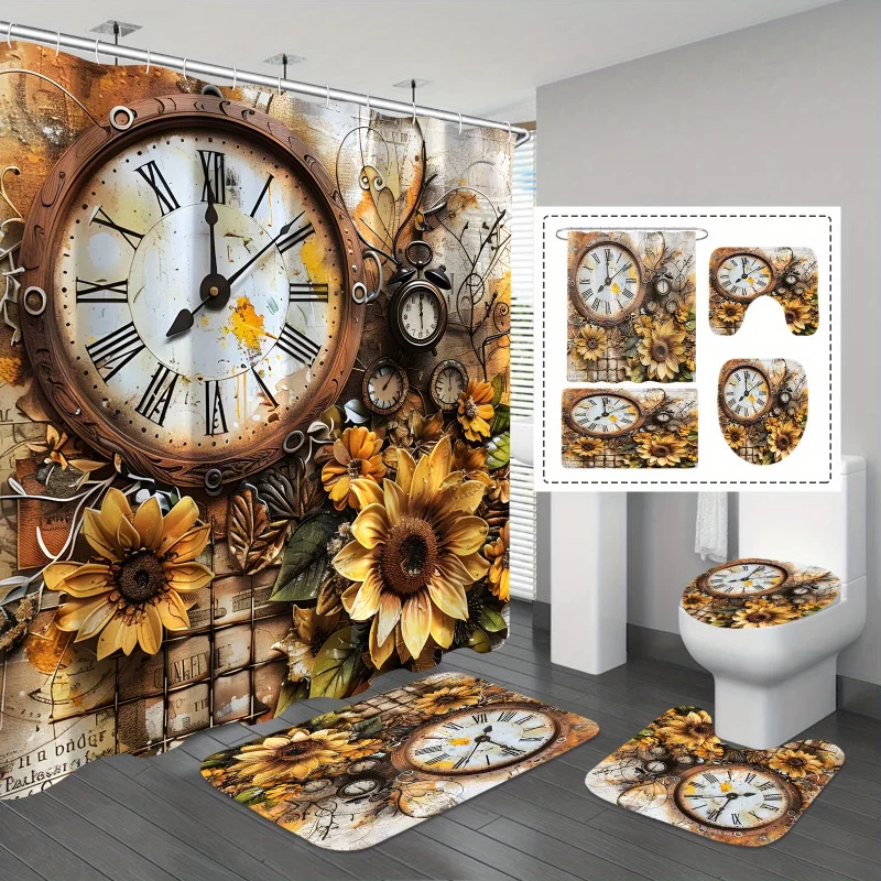 Set of 1/4 pieces with vintage sunflowers for a shower curtain, including a watch design shower curtain, water dic