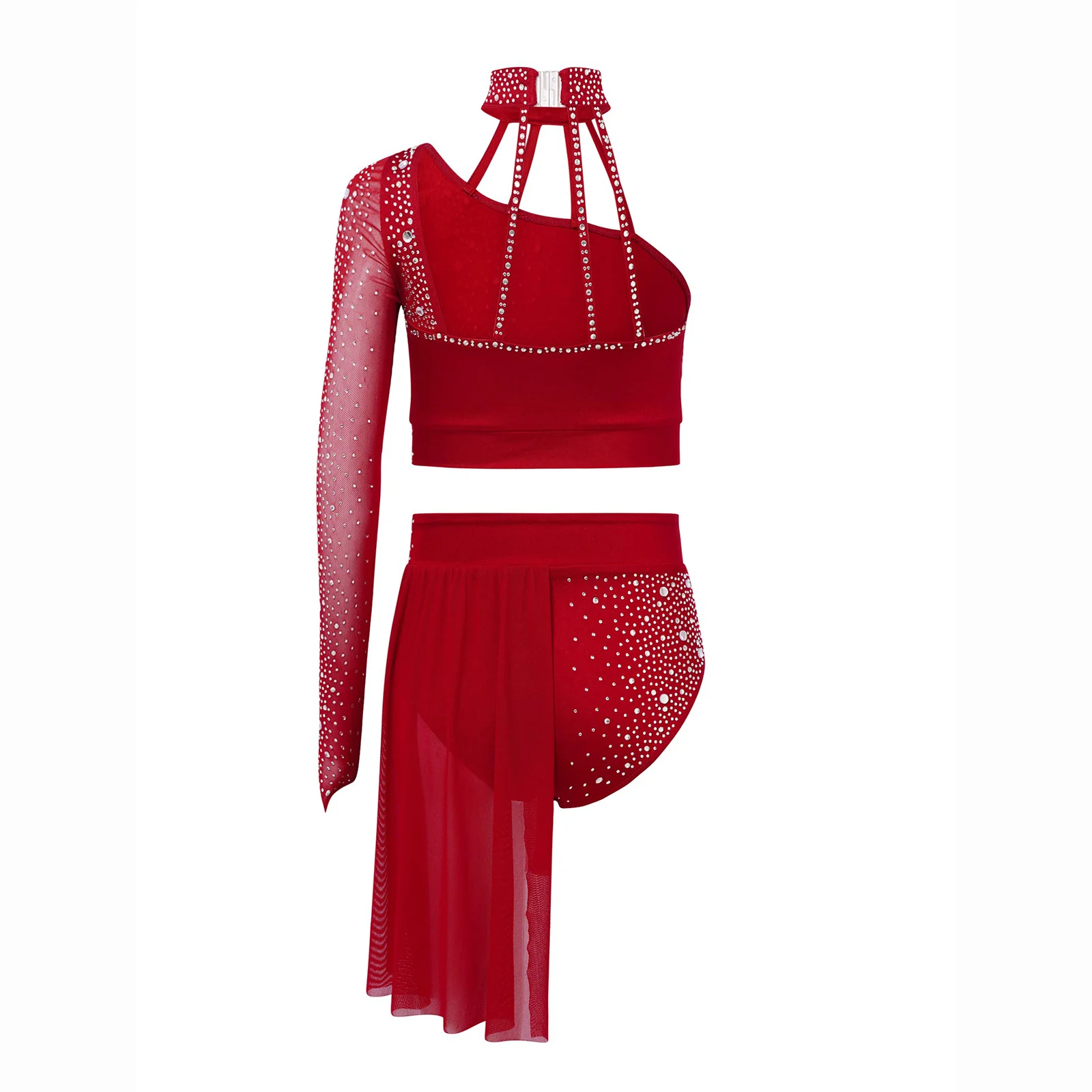 Moderne zeitgenössische Tanzkleidung für Mädchen, lyrisches Tanzkostüm, einschultriges Strass-Crop-Top mit Röcken, Gymnastik-Ballett-Outfits
