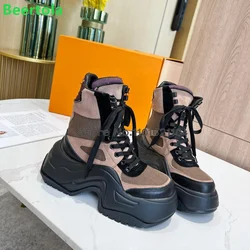 Thick Sole Lace-up Short Boots For Female Women 2024 Winter New Round Toe Mixed Colors Luxury Fashion Design Sport Style Shoes