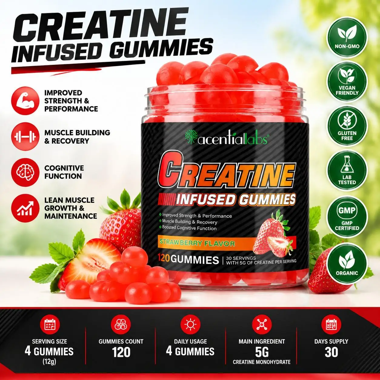 Creatine Monohydrate Gummies, Strawberry Creatine Supplement for Muscle Strength, Workout Performance & Recovery Support, 120 Ct