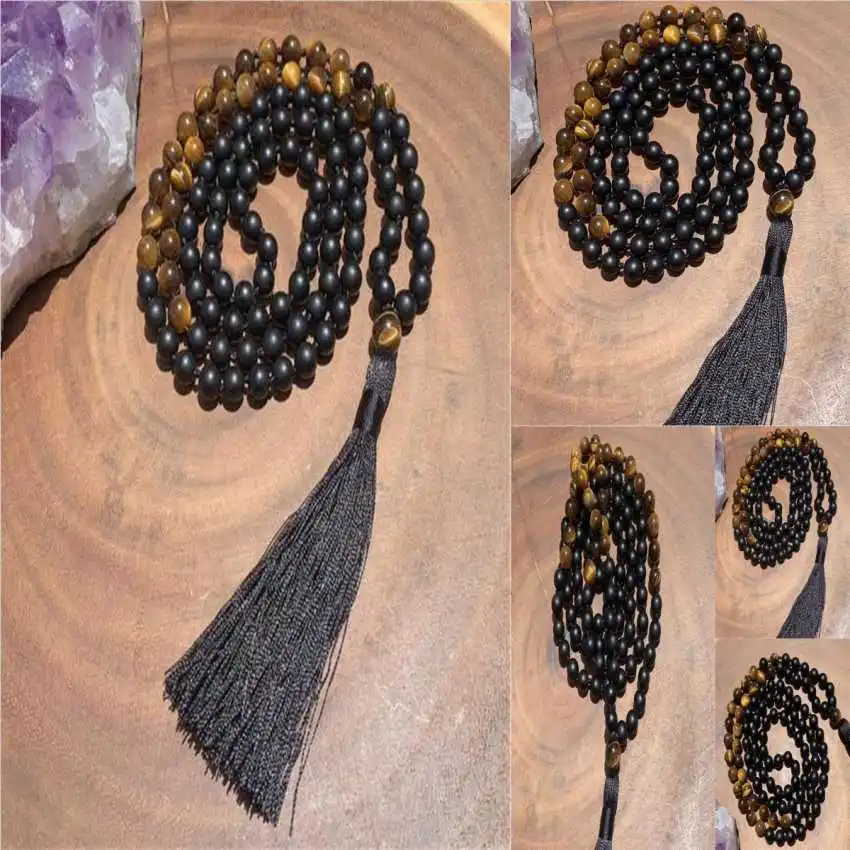 

8 мм натуральный оникс, тигровый глаз, 108 бусин, ручная работа, ожерелье с кисточкой, женское колье с драгоценным камнем, блестящее ожерелье