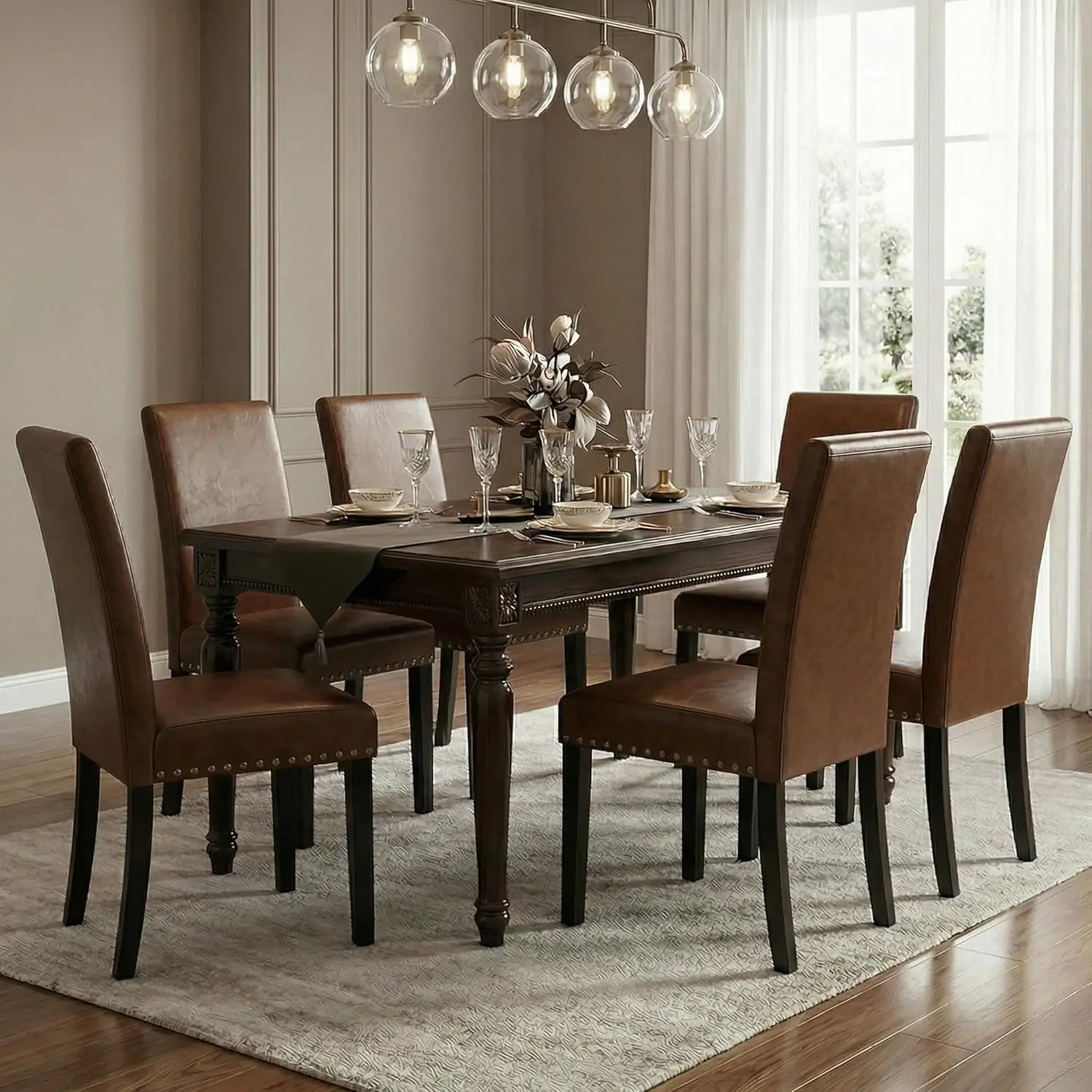 

Dining Chairs Set of 6, Modern Dining Room Chair,Upholstered Pu Leather Kitchen Chair with Vintage Copper Nail for, Customized