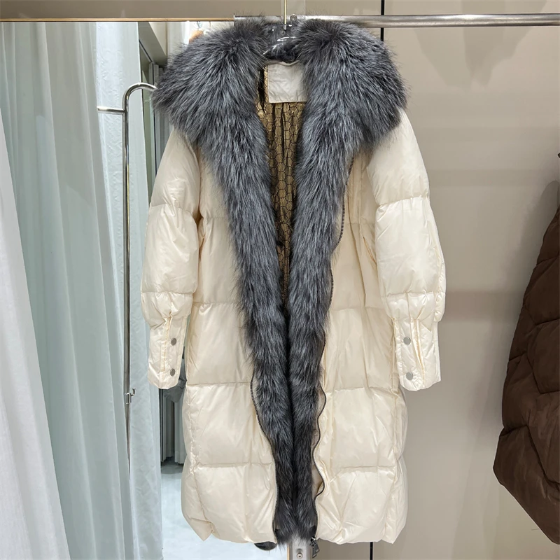 شتاء جديد المرأة فضفاضة سميكة الثعلب الفراء طوق معطف الفرو الأبيض بطة أسفل مبطن سترة عالية الجودة موضة عادية منتصف طول معطف #4
