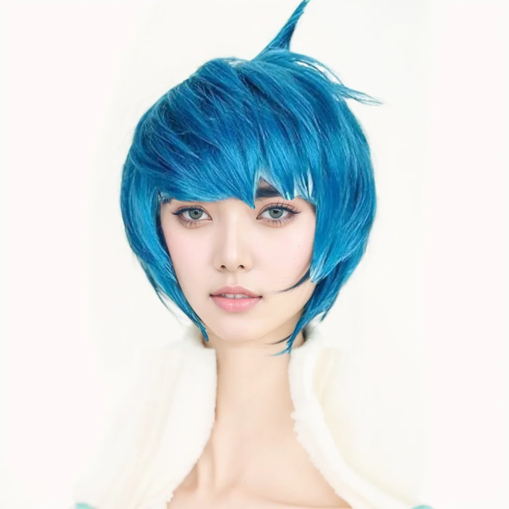 Movie Inside Out Joy Wig Short Blue Heat Resistant Hair Cosplay Costume Wigs Halloween Party Roleplay Suit for Children Headwear