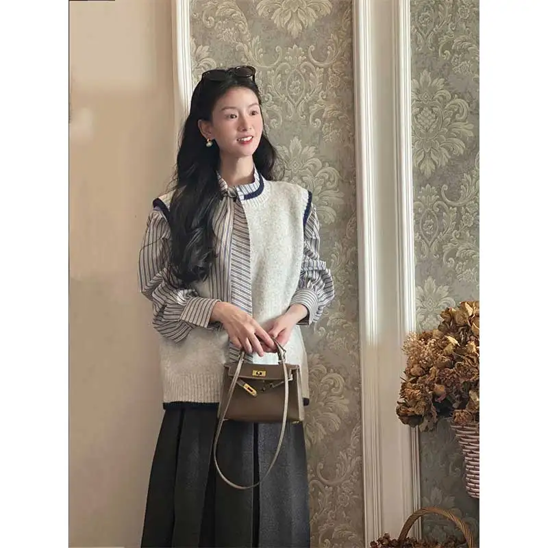 

Женская одежда, весенне-осенняя модная корейская однотонная вязаная майка в полоску с круглым вырезом, топ из двух предметов в консервативном стиле, топ T