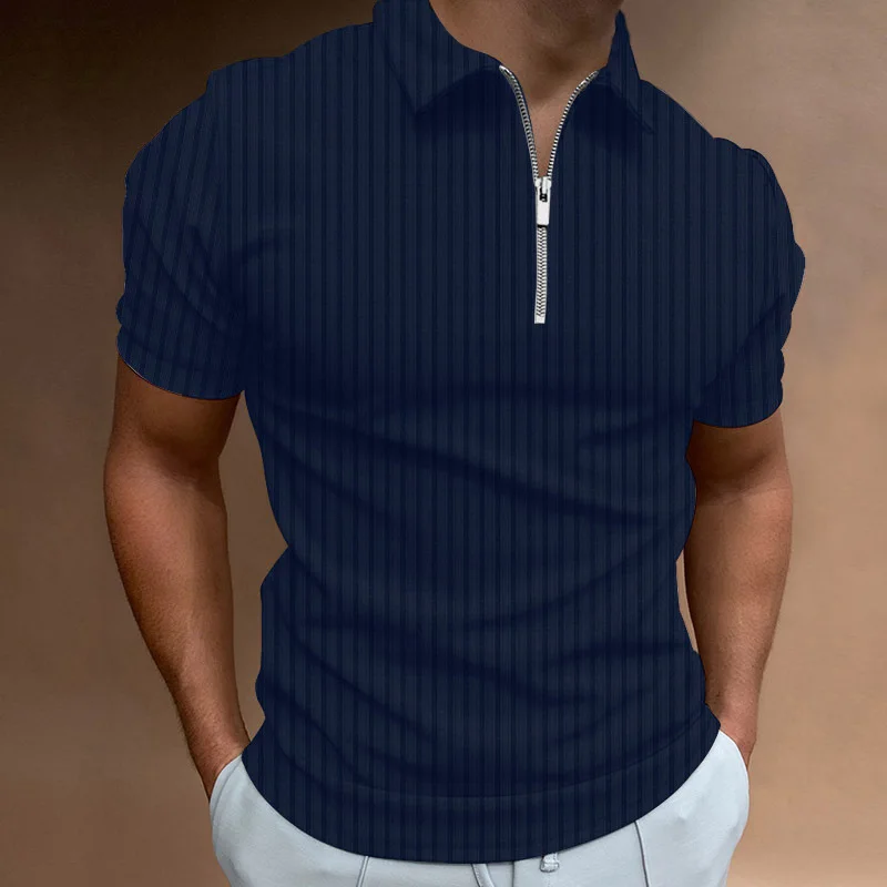 Chemises à manches courtes pour hommes - T-shirts à rayures de couleur unie, col montant, nouveau style, polos avec fermeture éclair, hauts décontractés pour hommes