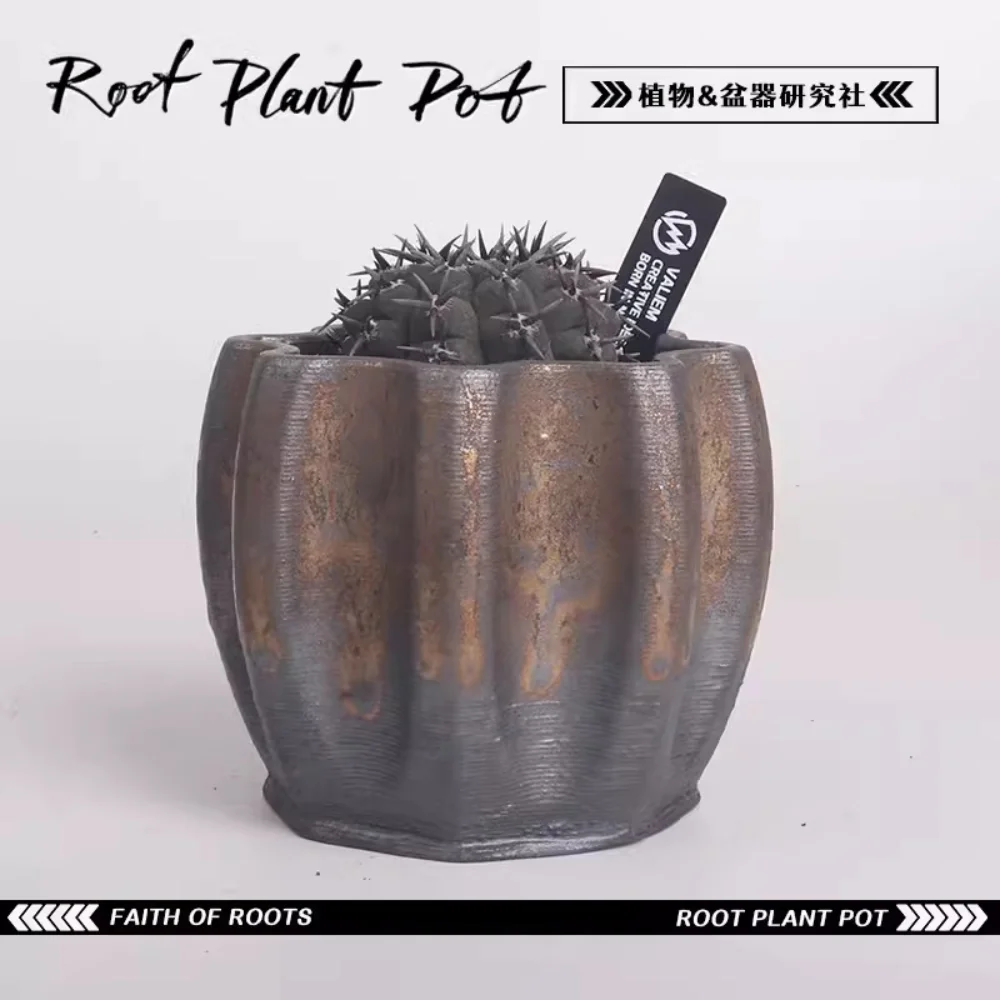 

Japanese ceramic metal glazed prickly pear peony agave flower pot trend root plant black gold planting bowl