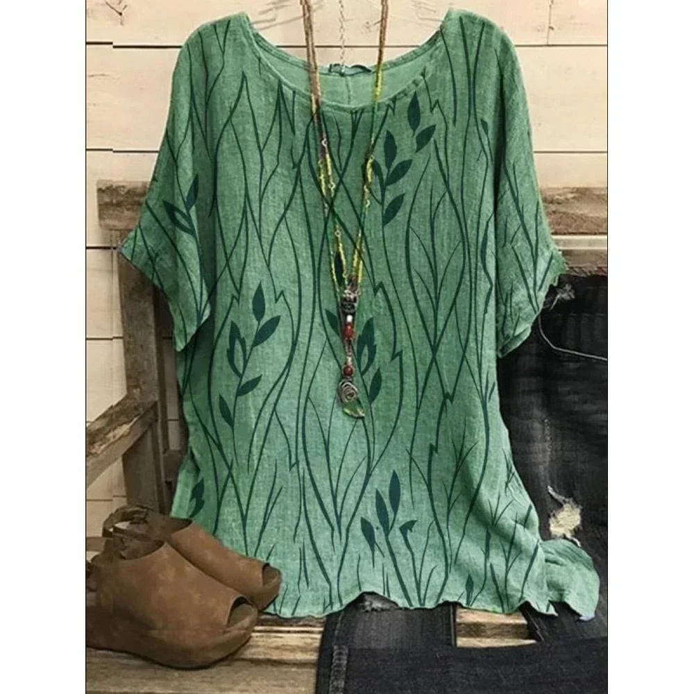 Plus Size 1XL-8XL Top Shirts Women Casual Loose Leaves Print Blouse T-shirt Ladies Fashion Vintage Blouse Unique Half Sleeves