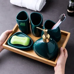 5-piece  Bottle Tray Lotion Green Dish Cup Supplies Soap Bathroom Wood Set Ceramic Mouth Toothbrush