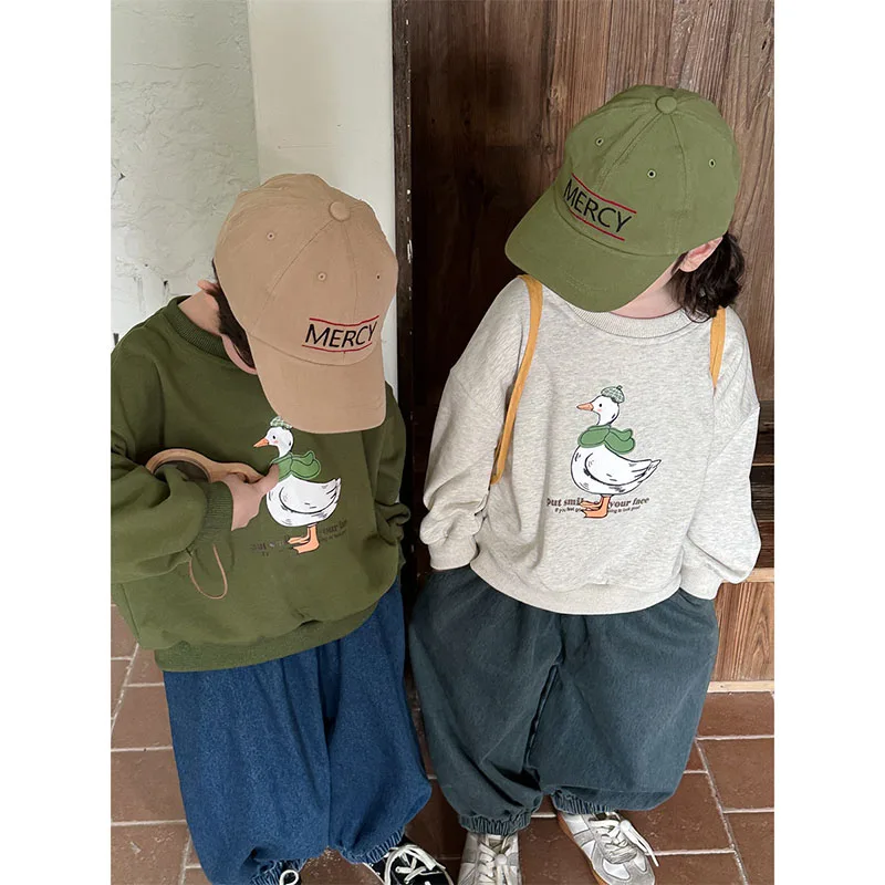 

Children's Cartoon Duck Print Pullover Fashion Boys Girl Casual Loose O-neck Long Sleeve Hoodie Korean Spring Summer Popular Top