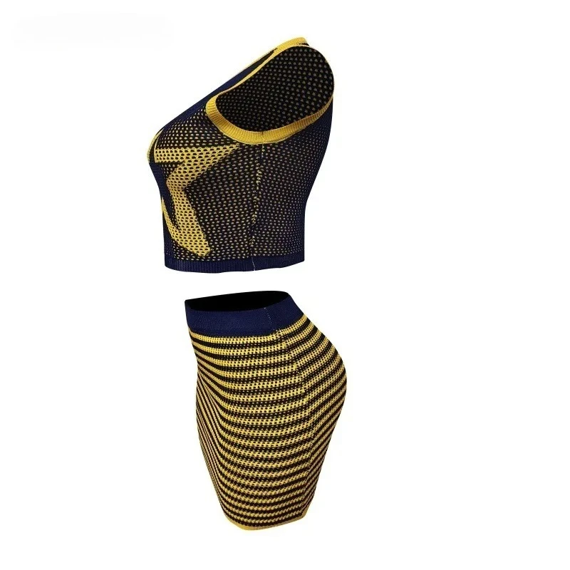 BWQถักRibbedชุดสตรีStarเสื้อแขนกุดและลายBodycon Midiกระโปรงมินิชุด 2025 2 ชิ้นชุด