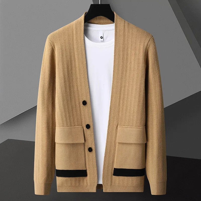 

Fashion Designer Brand Men's Knitted Cardigan 2023 Spring and Autumn New High end Business Casual Contrast Pocket Sweater Coat