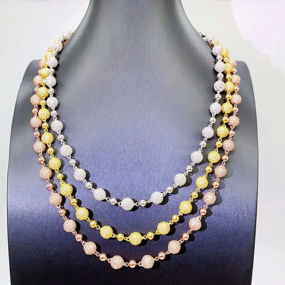 

2023 New Design Popular Jewelry Hip Hop Necklace 8mm 14k Gold Plated Bling Moissanite Bead Chain Iced Out Initial Necklace