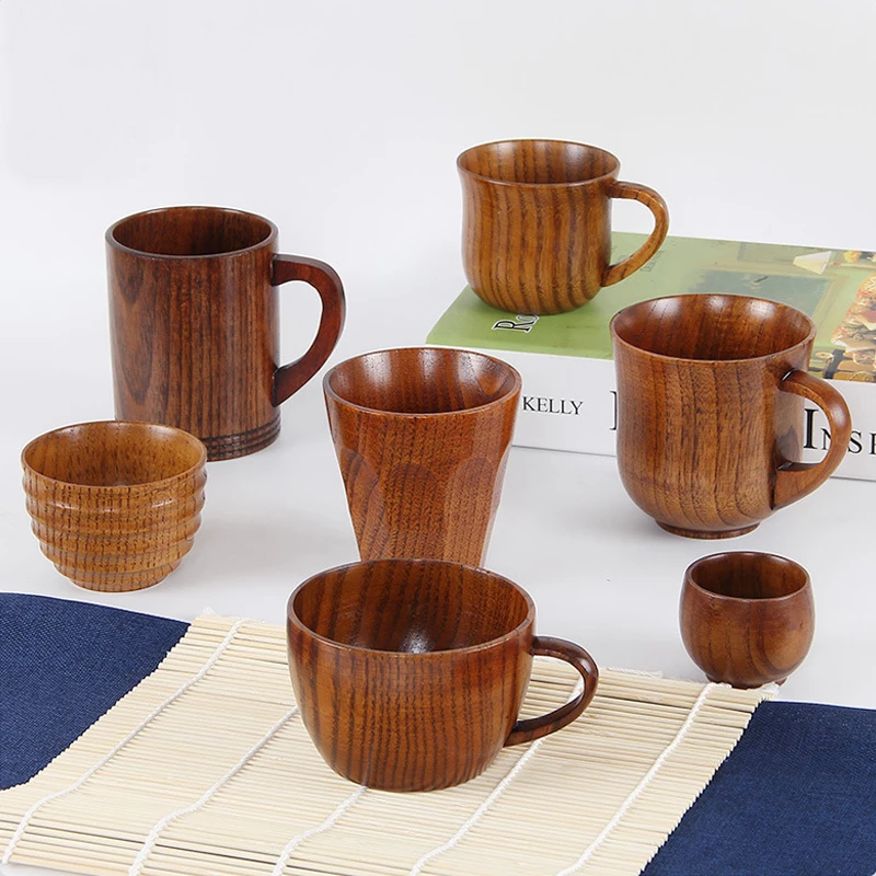 Eco Friendly Natural Custom Handmade Wooden Cup Yerba Mate Cup Japanese Wooden Coffee Mug Tea Drinking Cups With Handle/