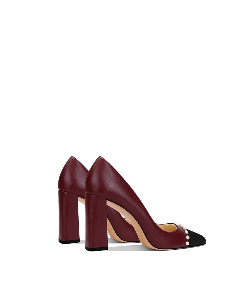 Spring new square toe leather stitched pearl square heel shoes banquet dress large size small size thick high heeled women shoes view 2