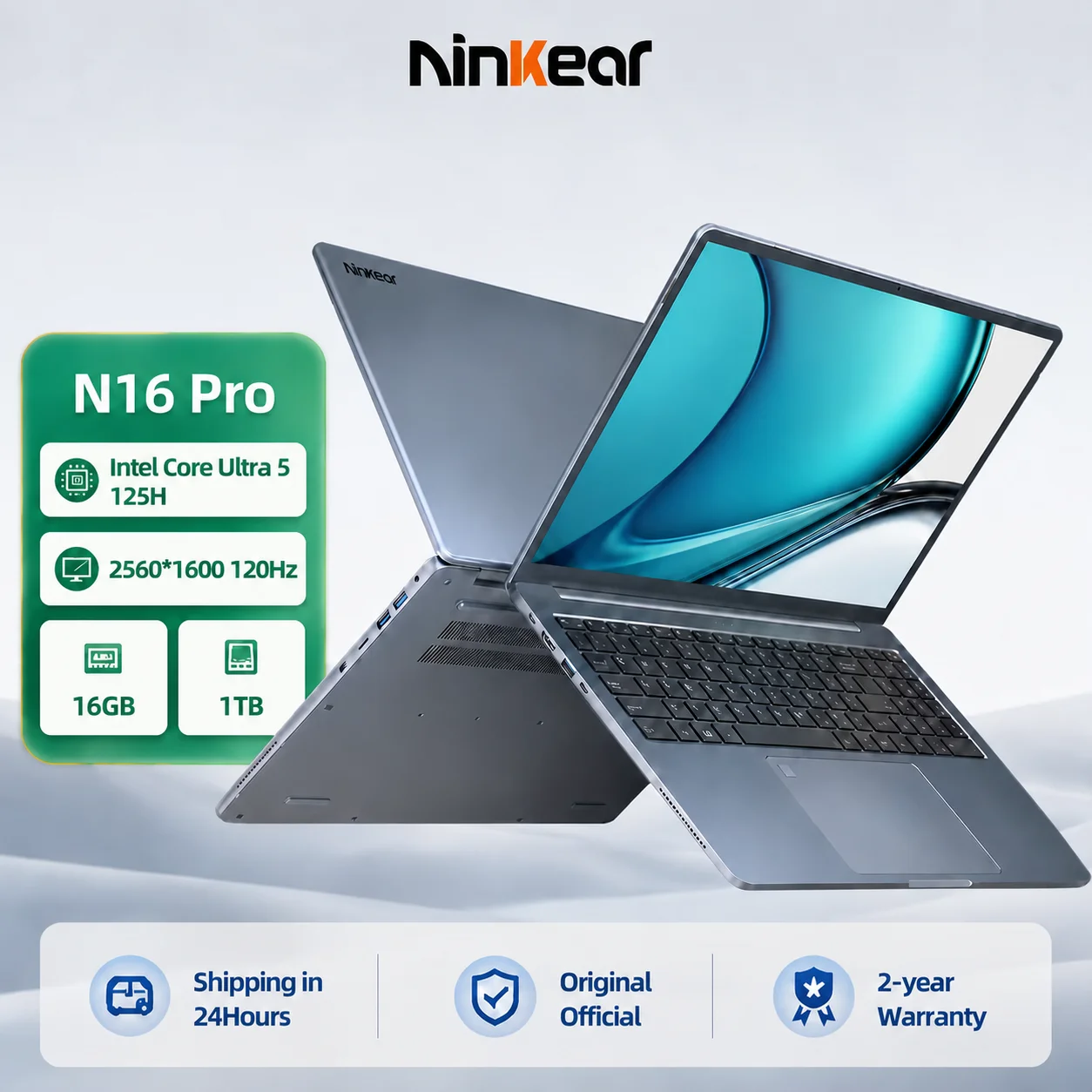 Ninkear Portátil 16 Pulgadas Pantalla 2.5K 120Hz, Intel Core Ultra 5 125H Laptop AI, 16GB DDR5 RAM 1TB SSD, WiFi 6 Bluetooth 5.2, Teclado Retroiluminado Huella Digital, Ordenador Profesional para Trabajo