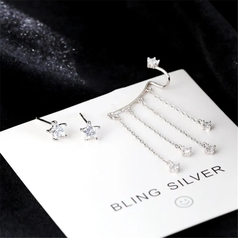 Fashion Asymmetric Shining Tassel Long Chain Zircon Star Drop Earring For Women Girls Wedding Jewelry Gift eh381