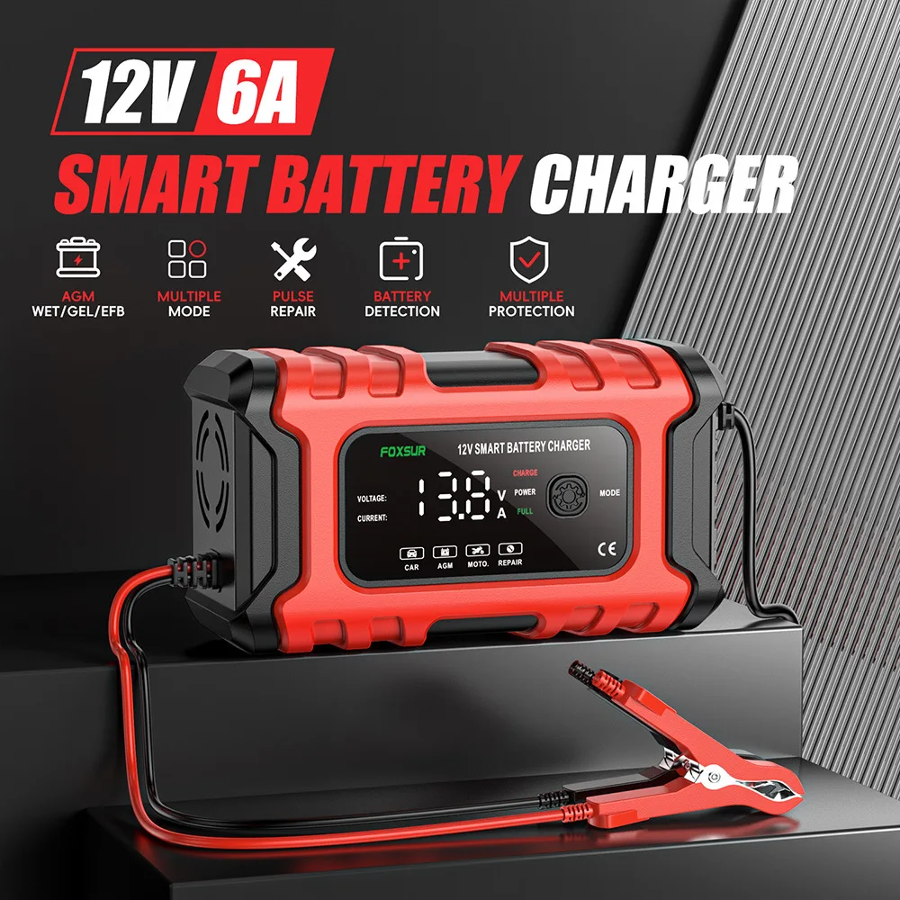 Universal Car Battery Charger 12V 6A Intelligent with Big Screen for SUV Car Motorcycle Battery Charge Pulse Repairing Chargers