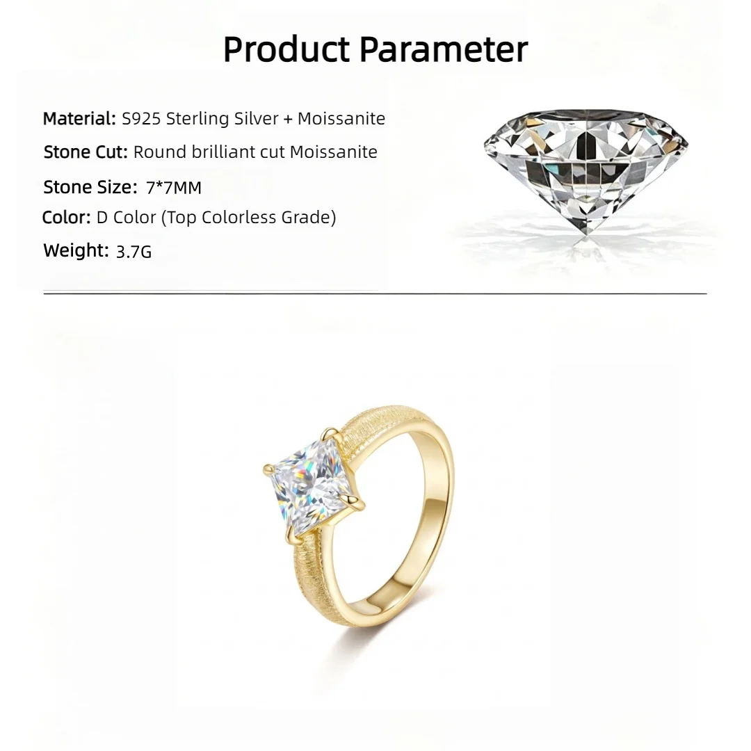 JOIAS HOME 2CT Princess Cut Moissanite Solitaire Ring Fashion Trend Temperament Brushed Design Light Luxury 925 Sterling Silver