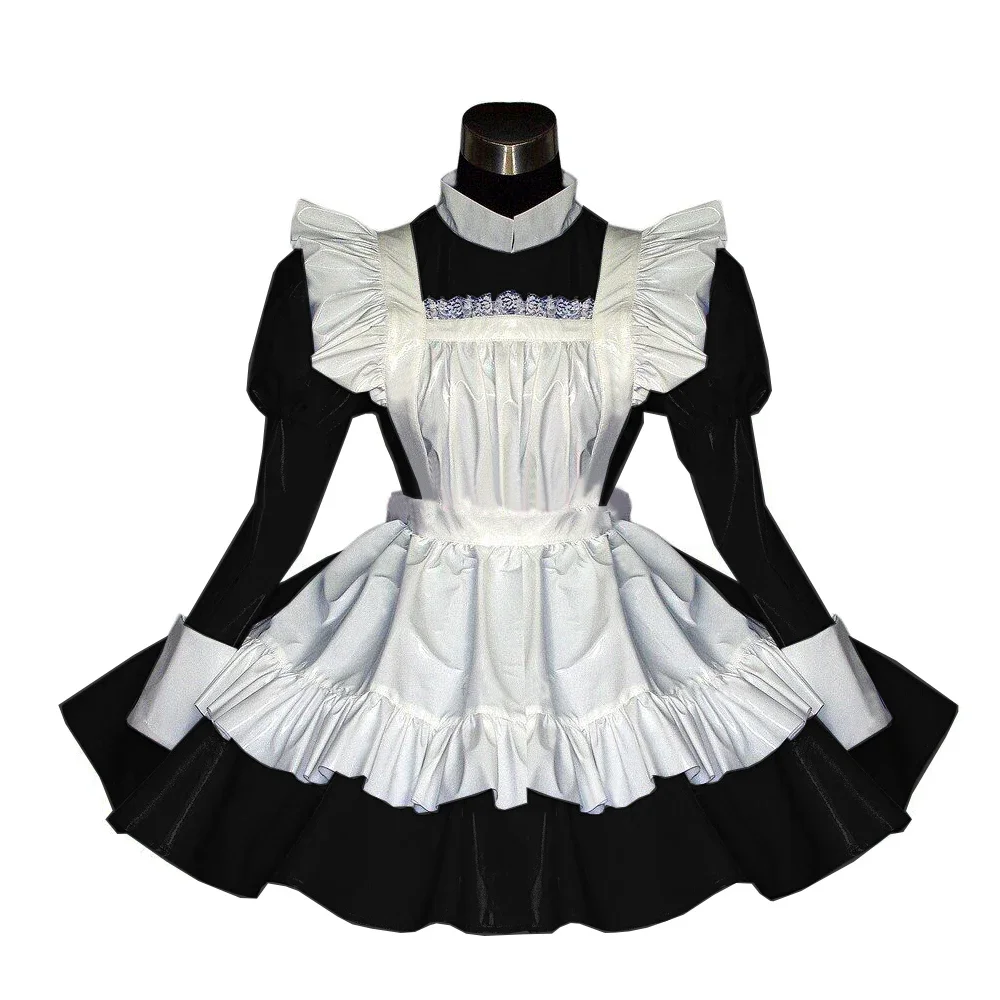 Sweet Pleated A-Line Maid Cosplay Costume with Apron, Lockable Puff Long Sleeve, PVC Dress, Turtleneck, High Waist Clubwear