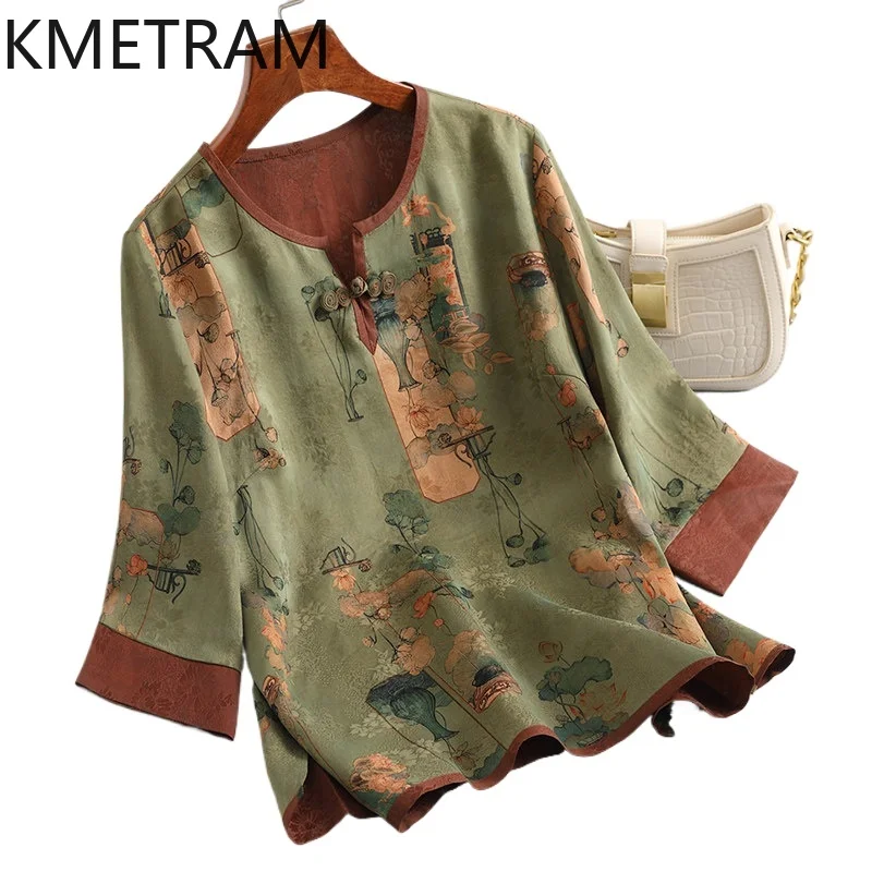 

KMETRAM 100% mulberry silk T Shirts for Women High Quality Printed T-shirt Xiangyun Sha Summer Tops 2026 Woman Clothes Футболка