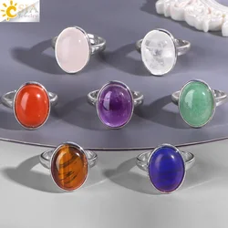 Small Egg Shape Natural Stone Ring Silver Color Adjustable White Crystal Quartz Amethytst Finger Rings Men Women Jewelry H512