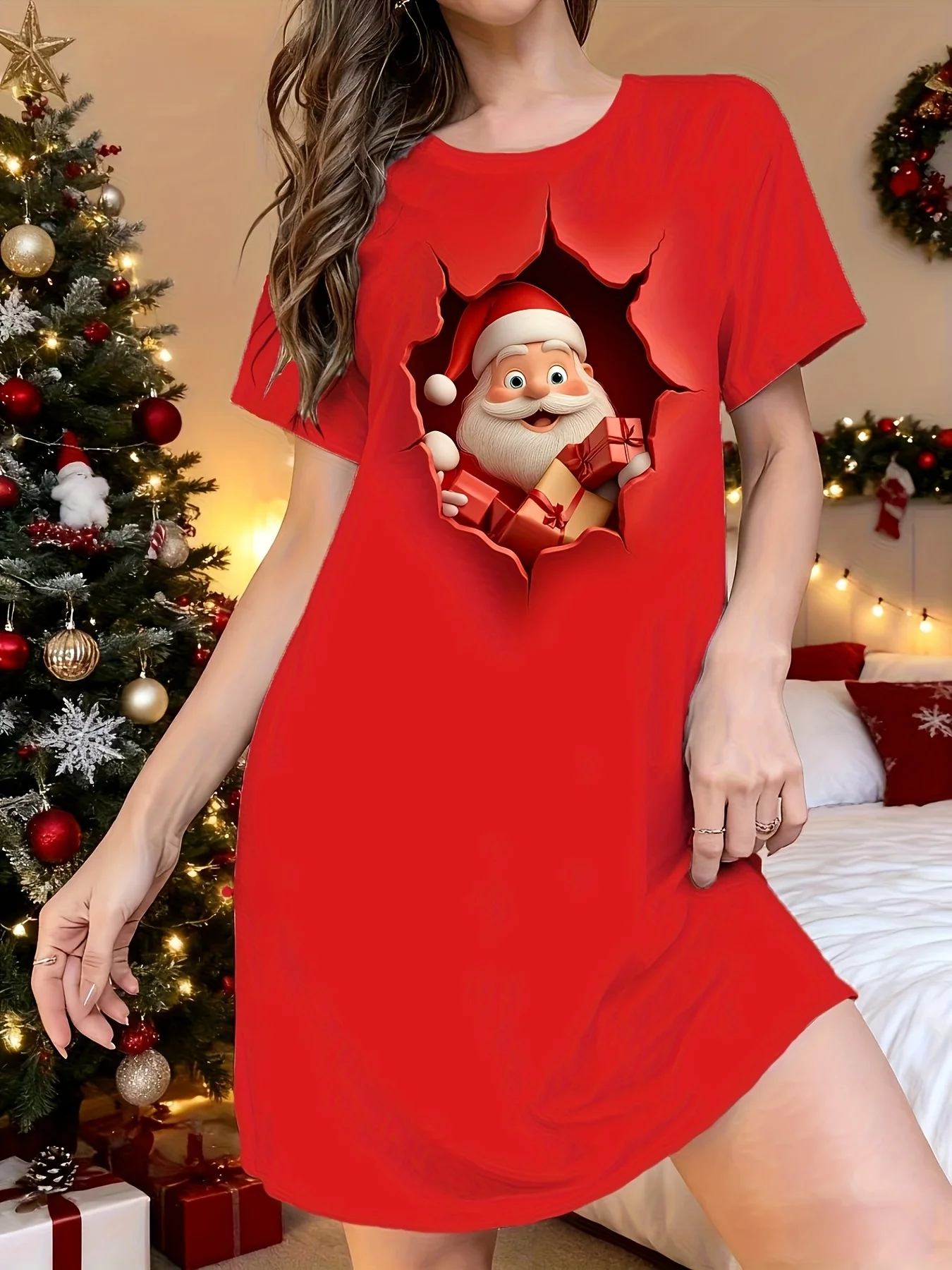 Women's Christmas Santa Claus Short Sleeve T-Shirt Dress Red A-Line Party Dress with Collar Holiday Costume for Xmas Parties Y2k