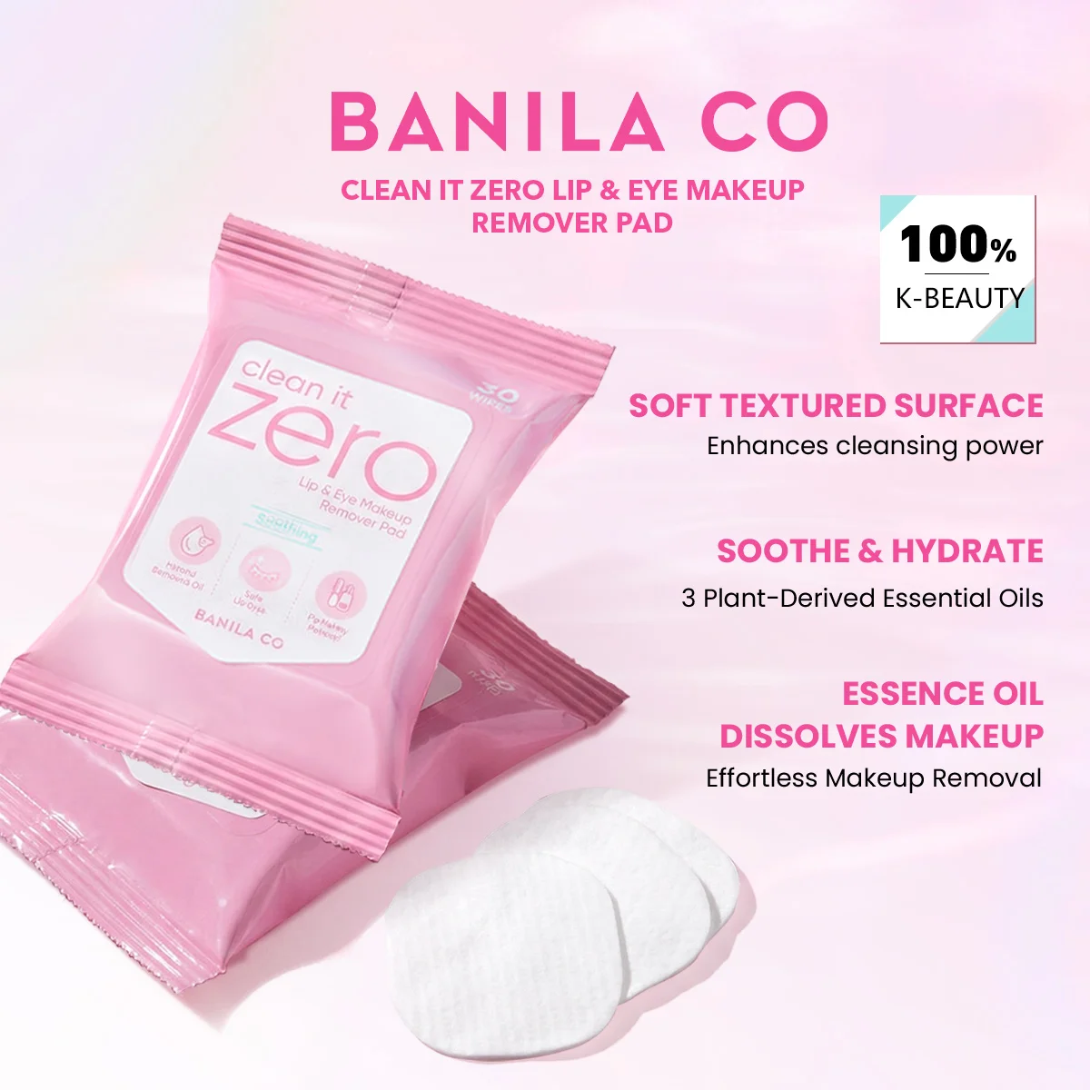 Banila Co Clean It Zero Lip & Eye Makeup Remover Pad,Non-Abrasive Texture,Gentle On Delicate Skin,Korean Cosmetic,Korean Makeup