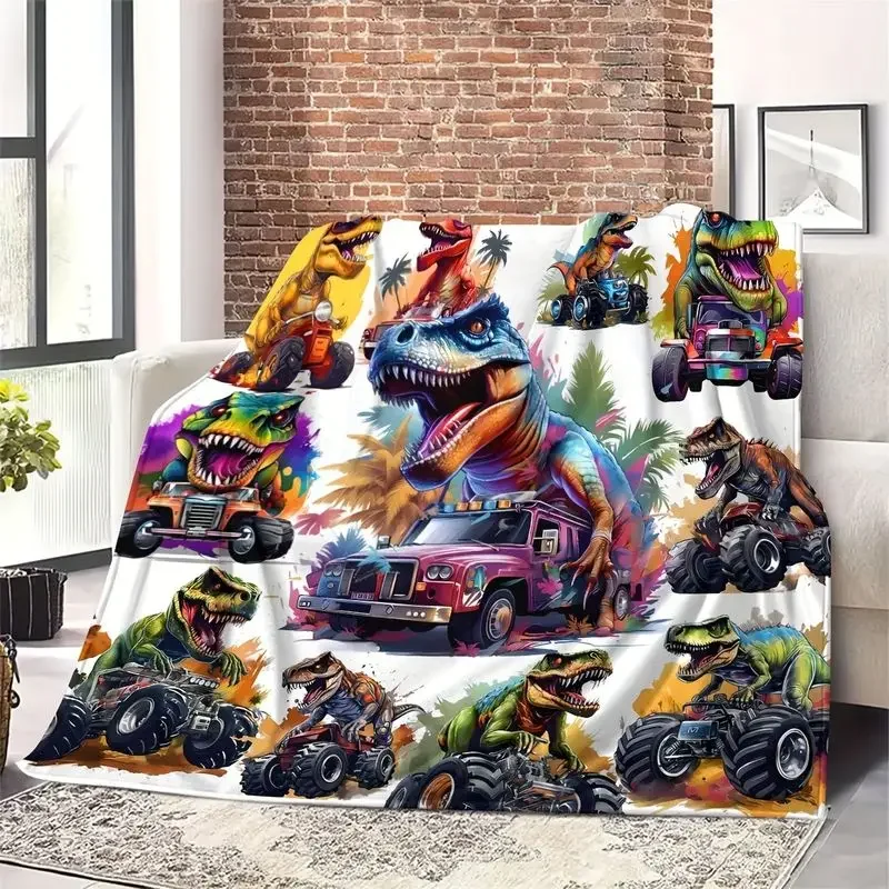 VIKAMA Cool Dinosaur Off-Road Truck Print Throw Blanket Flannel Warm All Season Boys Travel Camping Sofa Bed Gift Cover Blanket